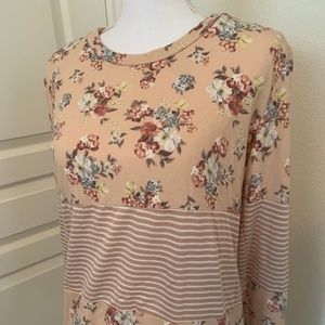 Blush Floral and Strip Long Sleeve Top